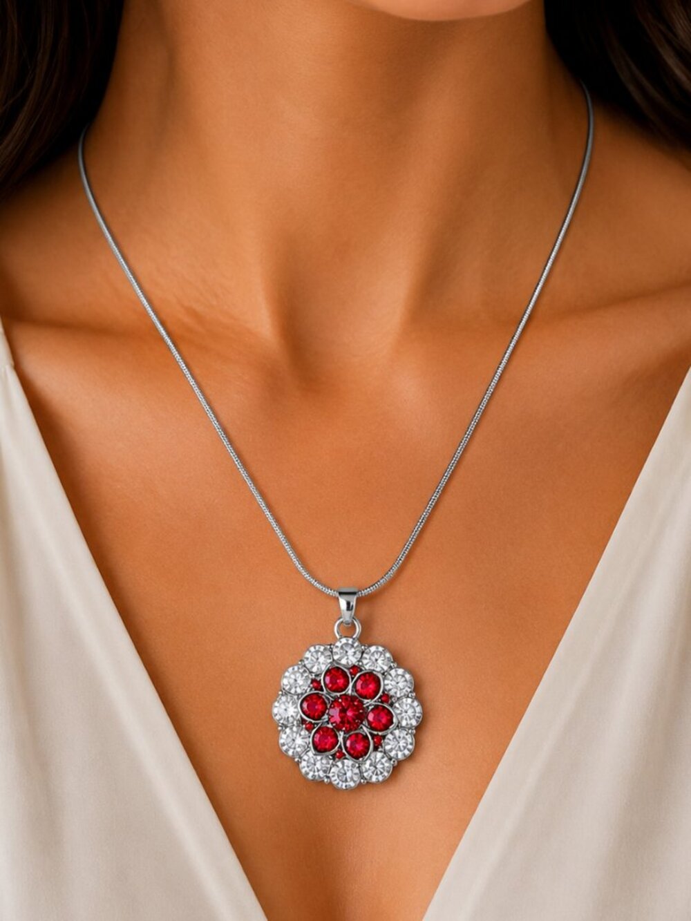 Silver Rhinestone Halo Snap Necklace Ruby Red Crystal Flower Snap